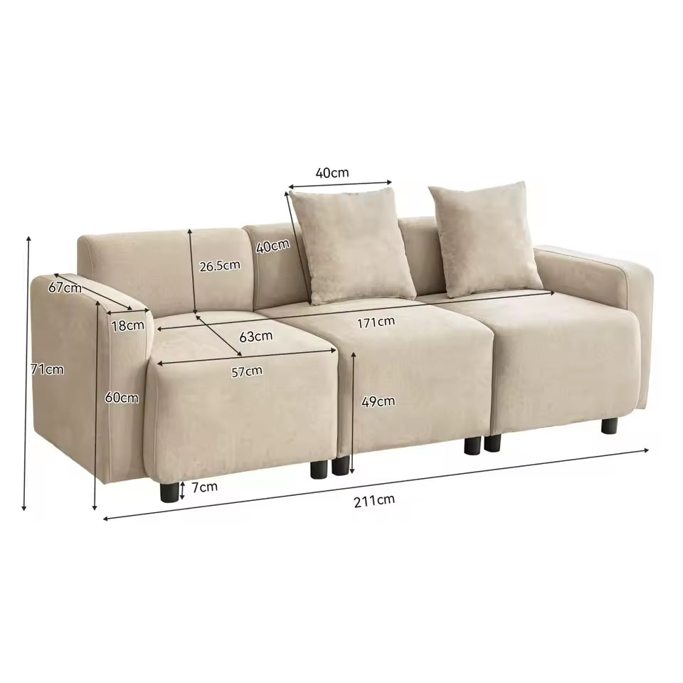Luxurious Beige 3-Seater Upholstered Sofa with 2 Cushions - Modern Fabric Living Room Furniture