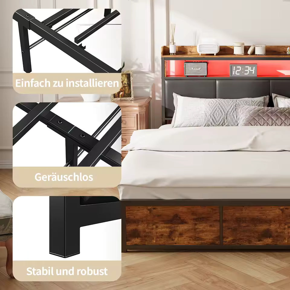 Comanlai Upholstered Double Bed - 180 x 200 cm Black Tiger Stripe Design with LED Lights and 4 Storage Drawers