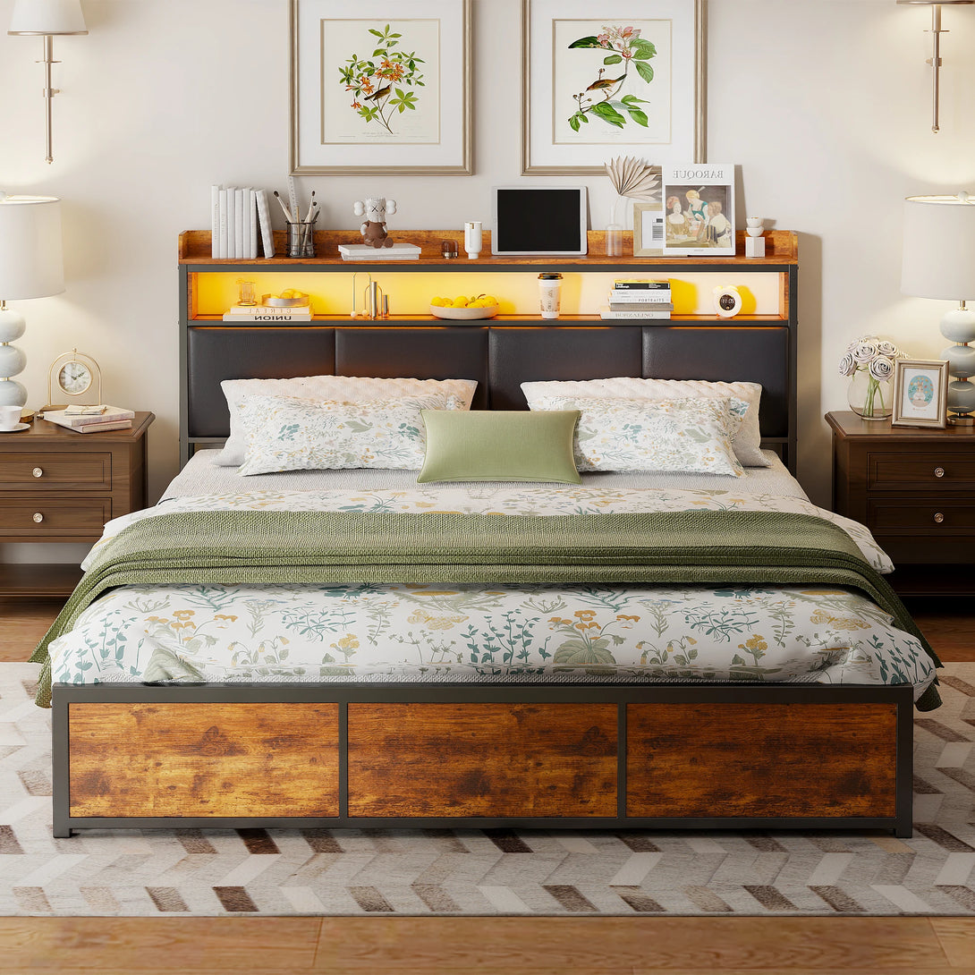 Comanlai Upholstered Double Bed - 180 x 200 cm Black Tiger Stripe Design with LED Lights and 4 Storage Drawers