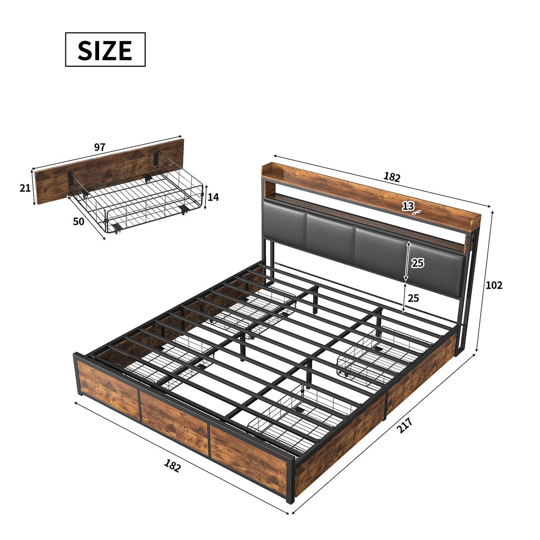Comanlai Upholstered Double Bed - 180 x 200 cm Black Tiger Stripe Design with LED Lights and 4 Storage Drawers