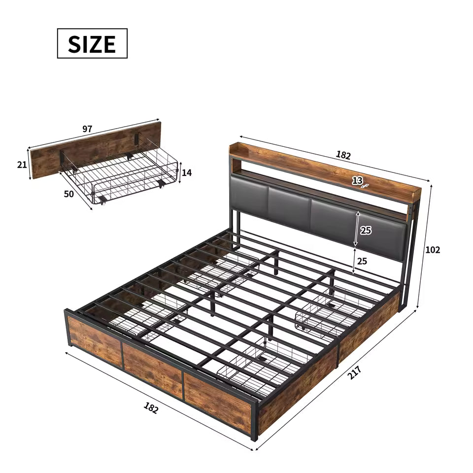 Comanlai Upholstered Double Bed - 180 x 200 cm Black Tiger Stripe Design with LED Lights and 4 Storage Drawers