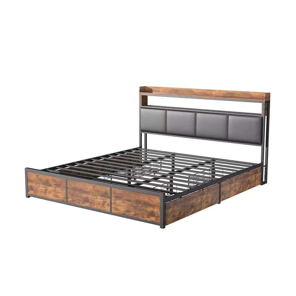Comanlai Upholstered Double Bed - 180 x 200 cm Black Tiger Stripe Design with LED Lights and 4 Storage Drawers