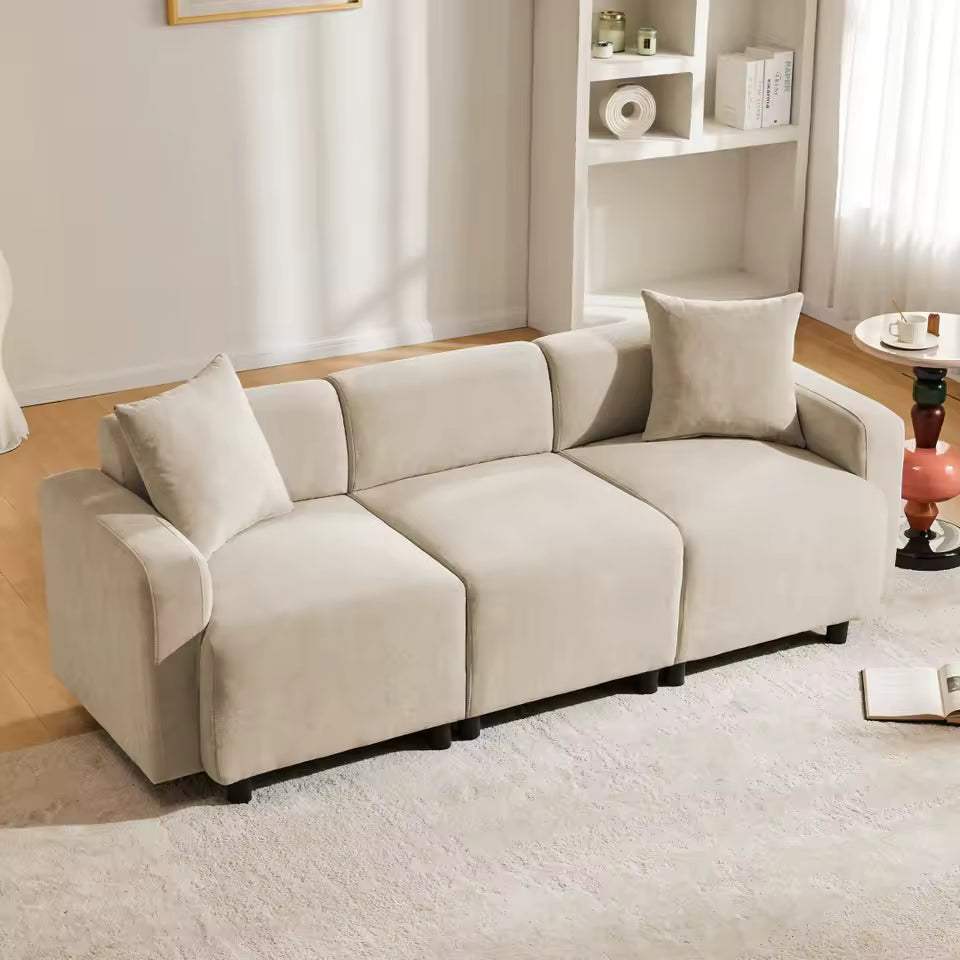 Luxurious Beige 3-Seater Upholstered Sofa with 2 Cushions - Modern Fabric Living Room Furniture