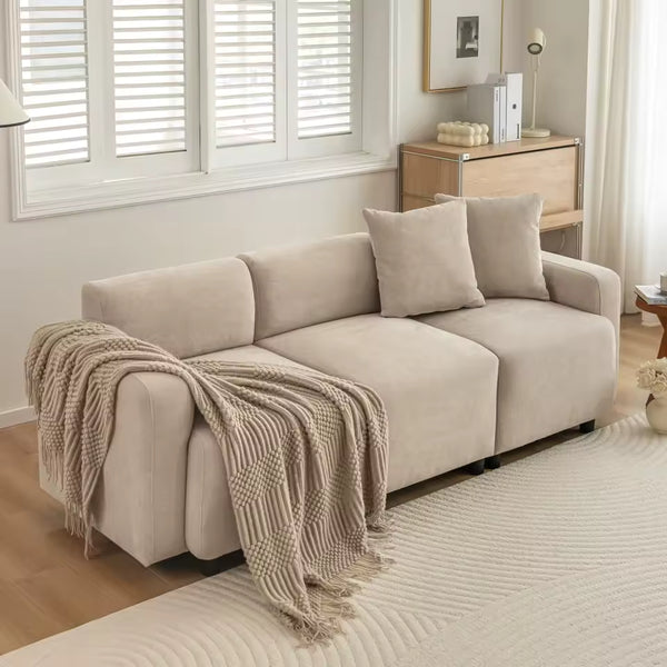 Luxurious Beige 3-Seater Upholstered Sofa with 2 Cushions - Modern Fabric Living Room Furniture