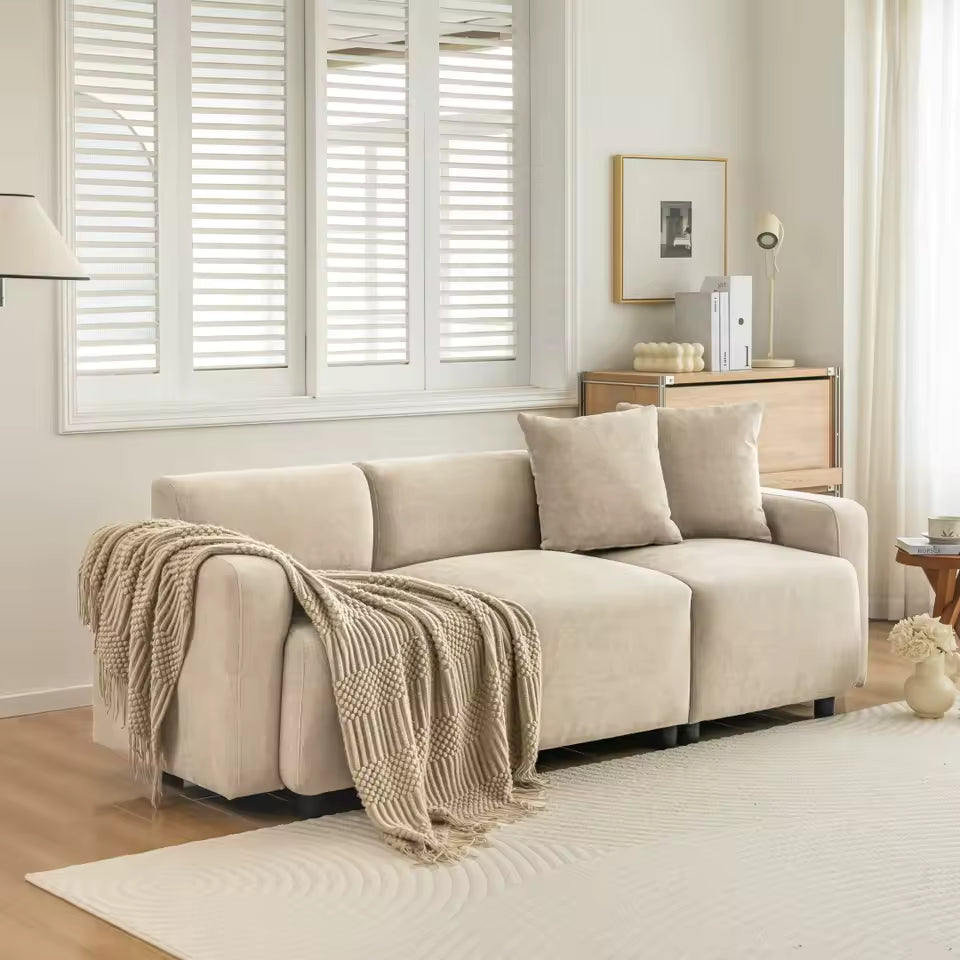 Luxurious Beige 3-Seater Upholstered Sofa with 2 Cushions - Modern Fabric Living Room Furniture