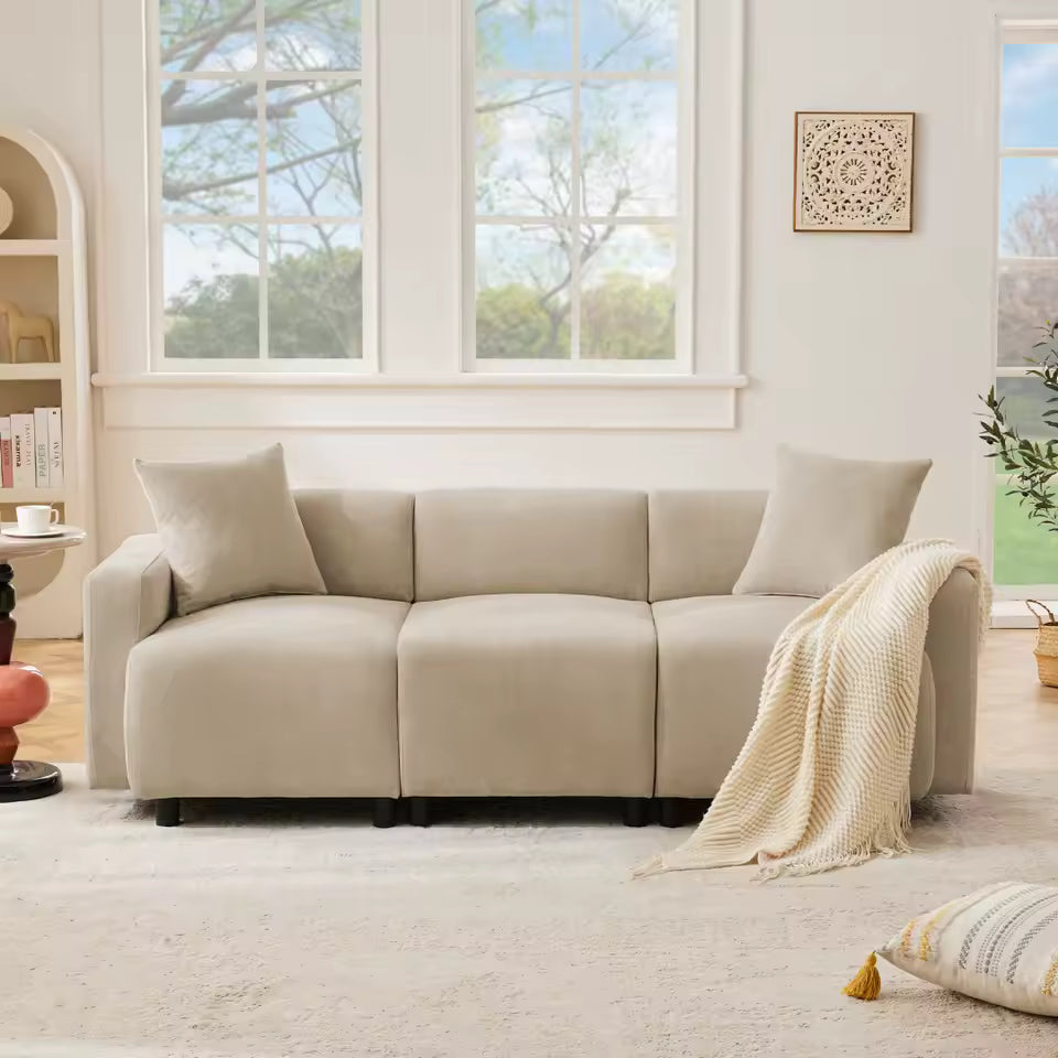 Luxurious Beige 3-Seater Upholstered Sofa with 2 Cushions - Modern Fabric Living Room Furniture
