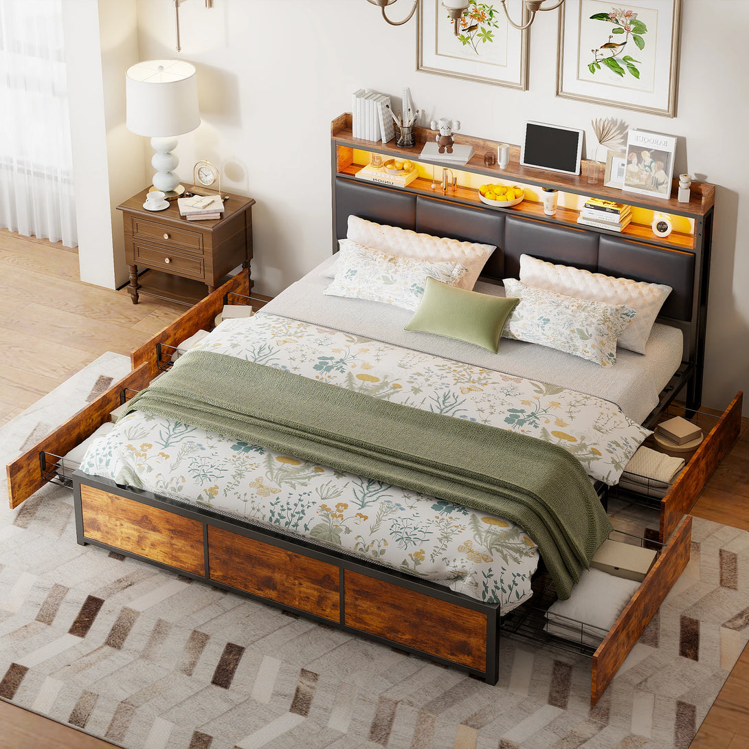 Comanlai Upholstered Double Bed - 180 x 200 cm Black Tiger Stripe Design with LED Lights and 4 Storage Drawers