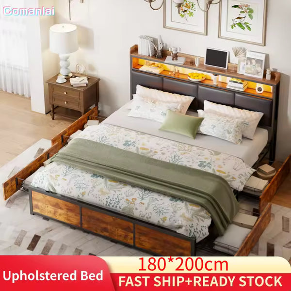 Comanlai Upholstered Double Bed - 180 x 200 cm Black Tiger Stripe Design with LED Lights and 4 Storage Drawers