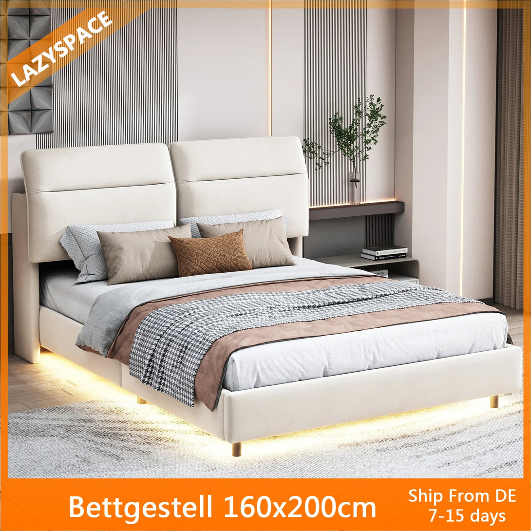 Lazyspace Upholstered Double Bed 160x200cm with Adjustable LED Headboard and Wooden Slatted Frame