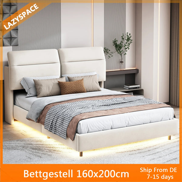 Lazyspace Upholstered Double Bed 160x200cm with Adjustable LED Headboard and Wooden Slatted Frame