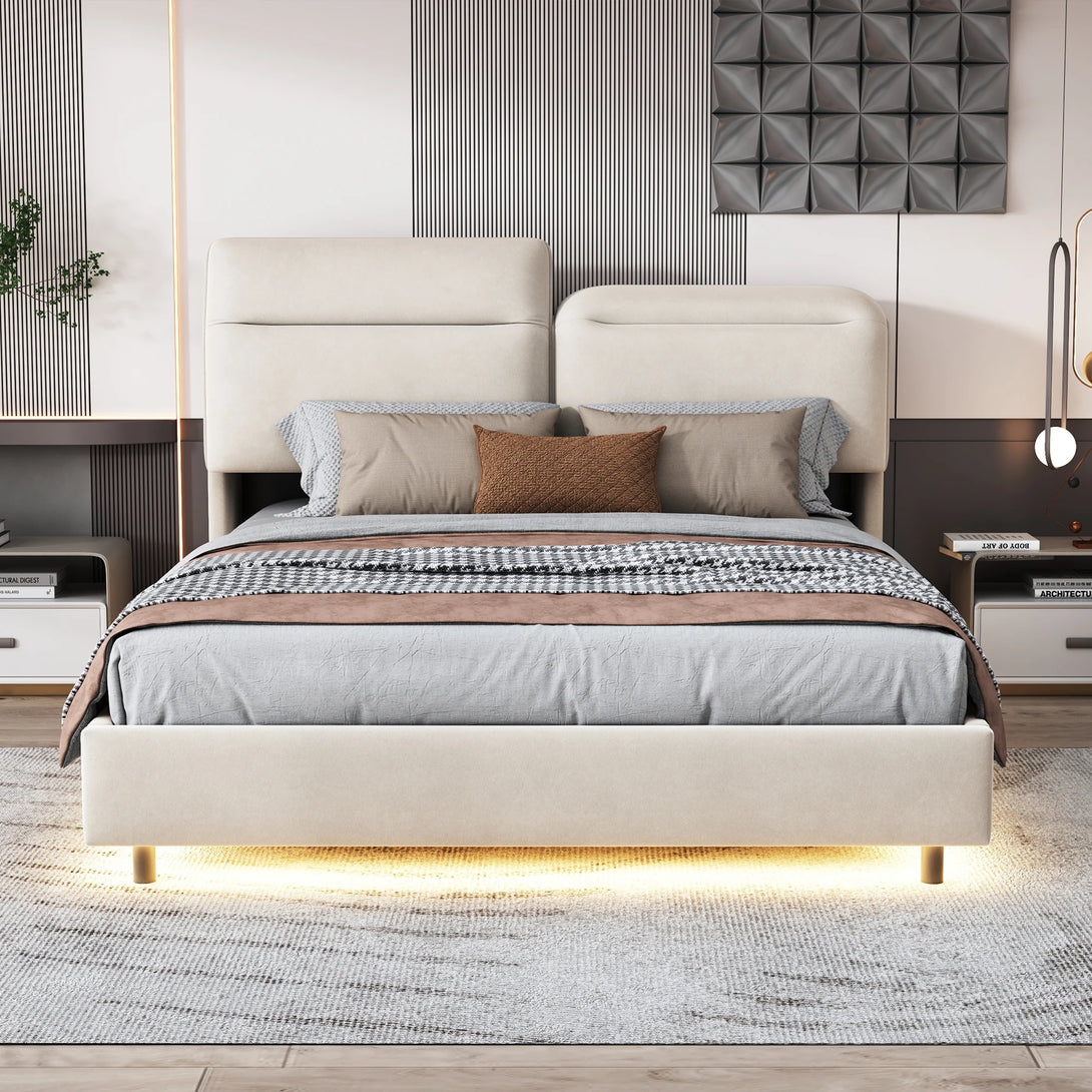 Lazyspace Upholstered Double Bed 160x200cm with Adjustable LED Headboard and Wooden Slatted Frame