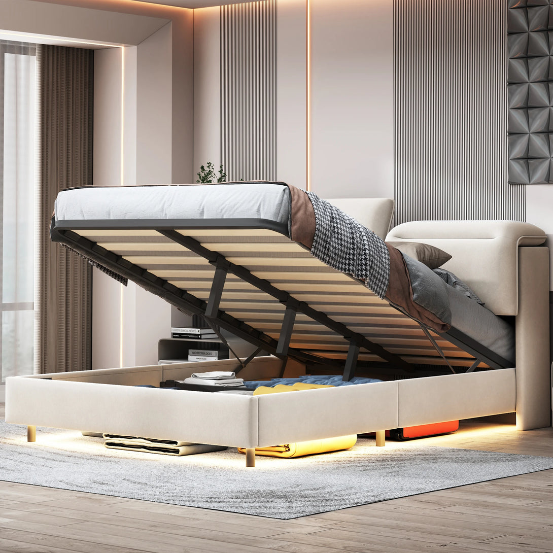 Lazyspace Upholstered Double Bed 160x200cm with Adjustable LED Headboard and Wooden Slatted Frame