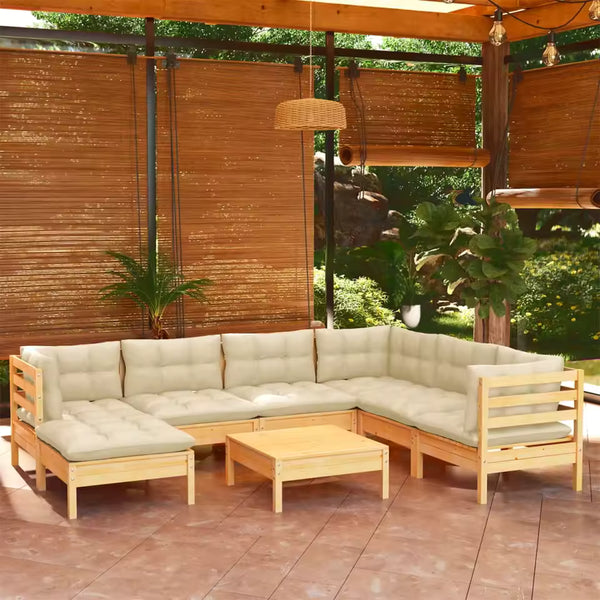 8-Seater Solid Pine Wood Garden Lounge Set with Cream Cushions - Durable & Stylish Outdoor Furniture