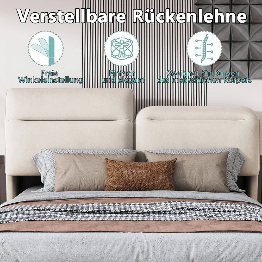 Lazyspace Upholstered Double Bed 160x200cm with Adjustable LED Headboard and Wooden Slatted Frame
