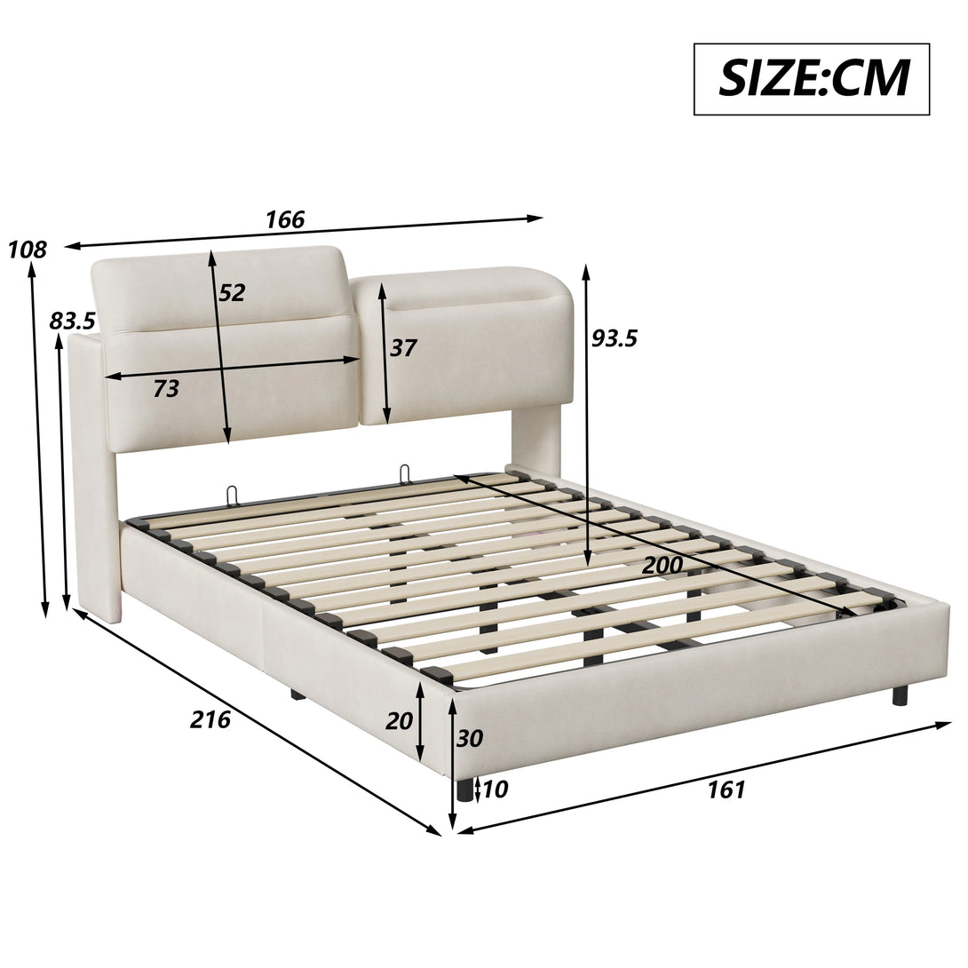 Lazyspace Upholstered Double Bed 160x200cm with Adjustable LED Headboard and Wooden Slatted Frame