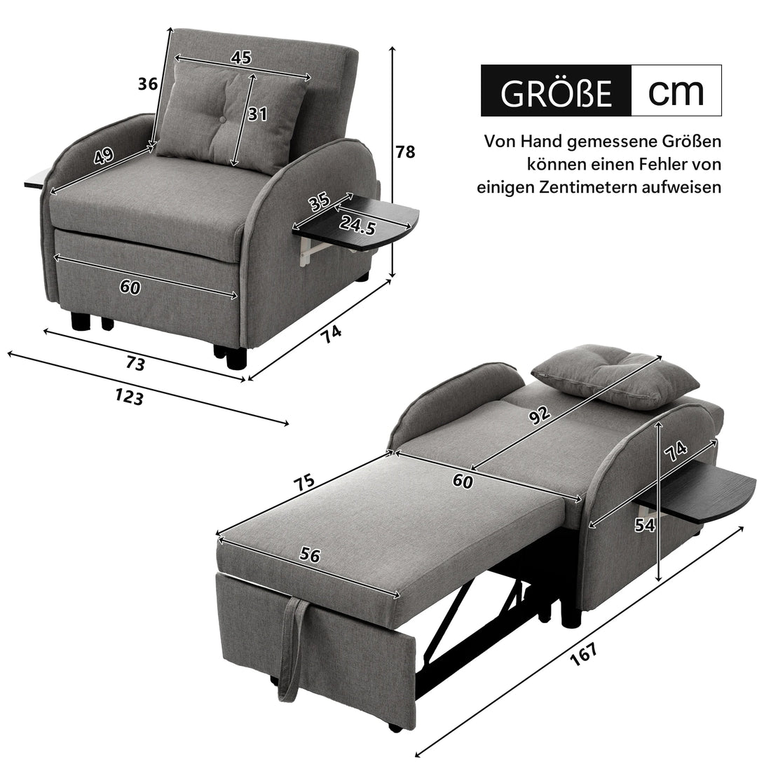 Versatile 3-in-1 Pull-Out Sofa Bed - Sofa, Lounger & Armchair - Compact Design for Small Spaces (123x167x78cm)