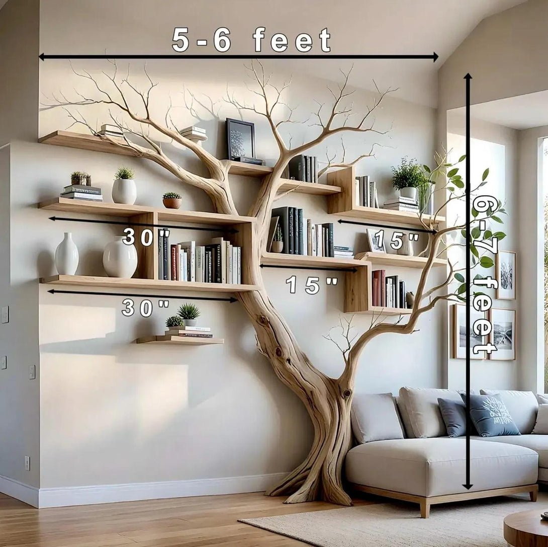 Tree-shaped bookshelf with measurements in a living room setting