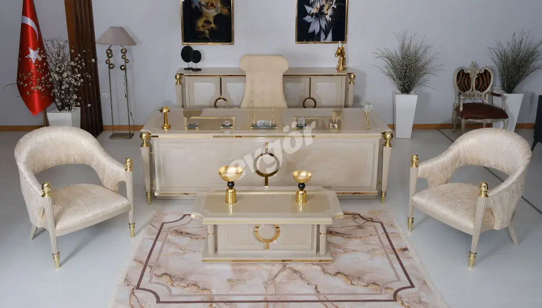 Hilton Luxury Executive Office Set - Deluxe Presidential Desk, Ergonomic Chair, and Seating Group