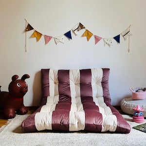 Luxurious Tufted Velvet Floor Pillow | Cozy Reading Nook Cushion | Versatile Floor Sofa | Chic Window Seat Cushion | Elegant French Cushion with Stripes