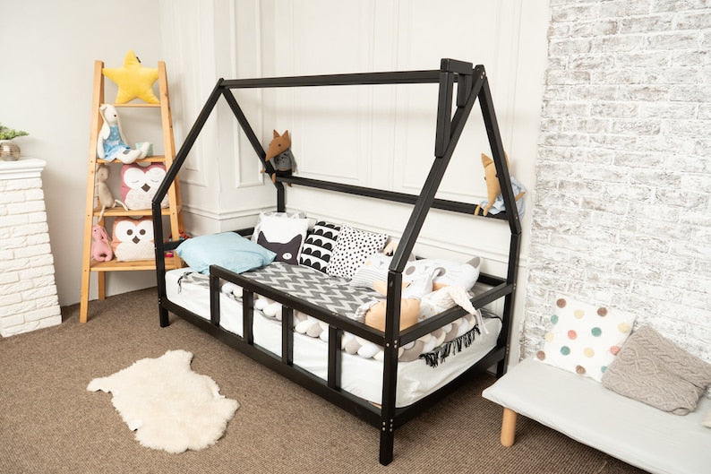 Montessori Wooden House Bed Frame - Toddler Floor Bed with Canopy Option, Twin Size, Natural Alder Wood with Eco-Friendly Finish, Nursery & Playroom Decor