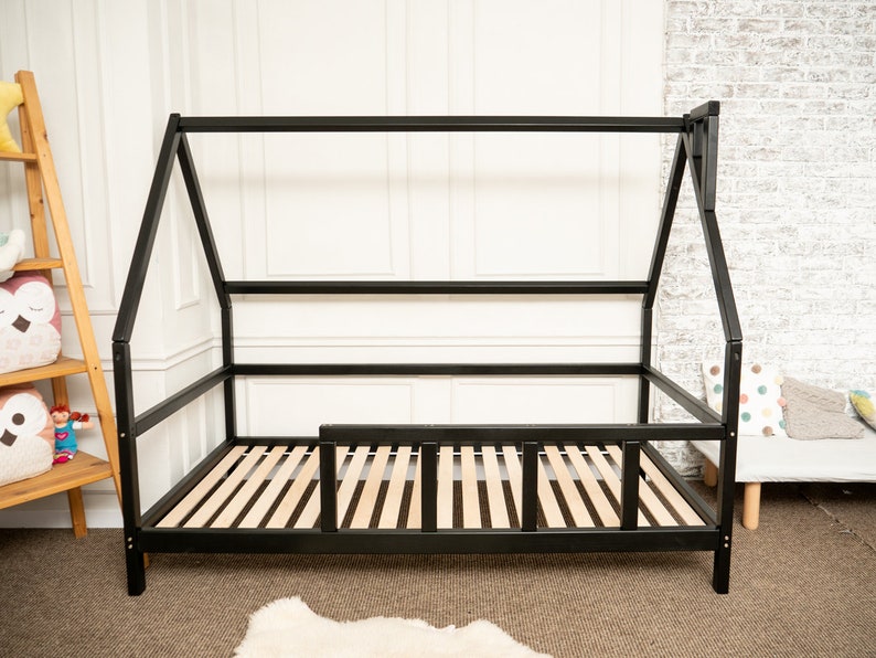 Montessori Wooden House Bed Frame - Toddler Floor Bed with Canopy Option, Twin Size, Natural Alder Wood with Eco-Friendly Finish, Nursery & Playroom Decor