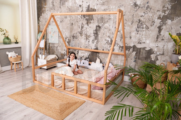 Busywood Montessori Twin Floor Bed - Engaging Toddler Playhouse & Climbing Frame for Modern Kids Rooms