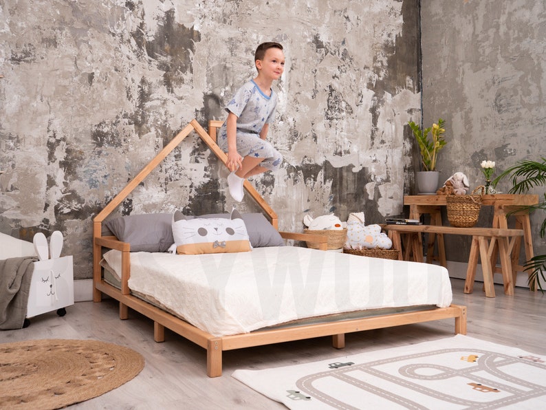 Wood bed Montessori toddler Twin bed Montessori bed full Modern kids Full bed frame Kids furniture