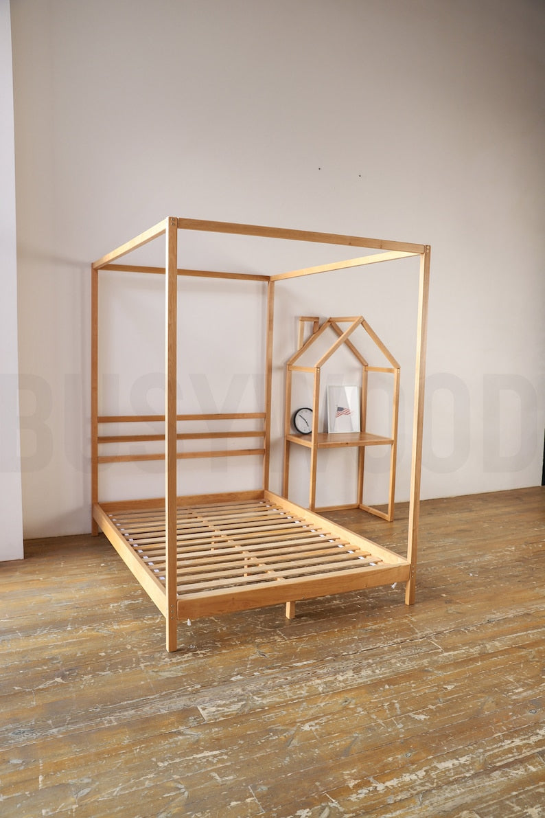 Busywood Montessori Canopy Bed - Four Poster Wooden Bed Frame, Full Size, Eco-Friendly Materials