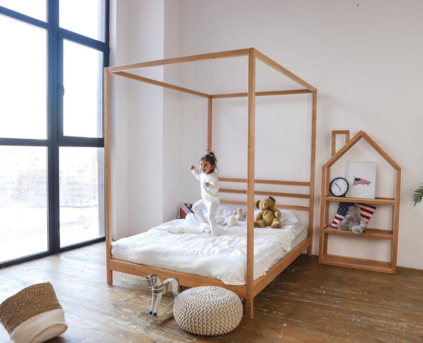 Busywood Montessori Canopy Bed - Four Poster Wooden Bed Frame, Full Size, Eco-Friendly Materials