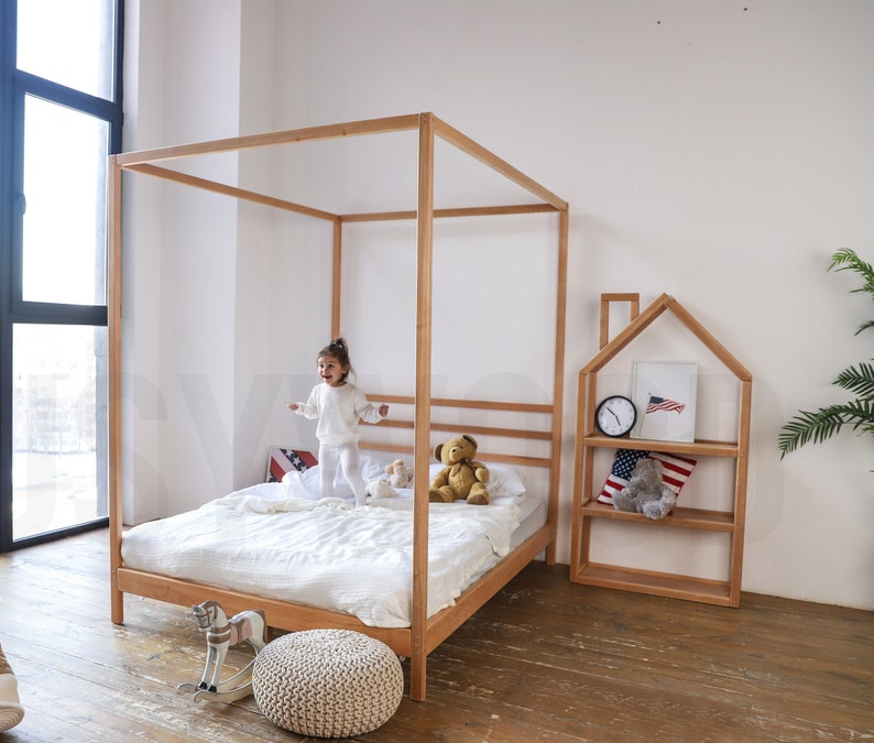 Busywood Montessori Canopy Bed - Four Poster Wooden Bed Frame, Full Size, Eco-Friendly Materials