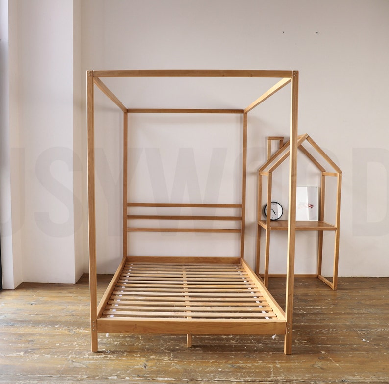 Busywood Montessori Canopy Bed - Four Poster Wooden Bed Frame, Full Size, Eco-Friendly Materials