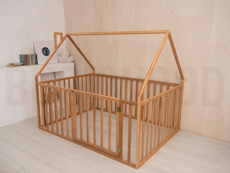 Busywood Montessori House Playpen Bed: Extra High Rails, Platform Toddler Bed, Indoor Playground