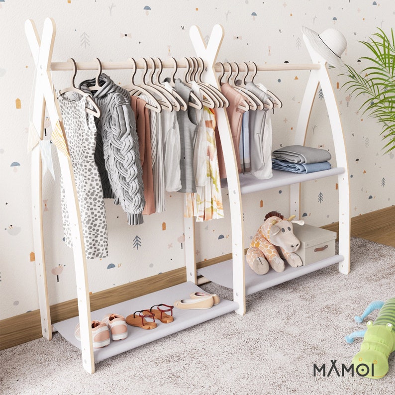 MAMOI® Premium Wooden Children's Clothes Rail - Dress-Up & Storage Wardrobe for Kids | 100% ECO-Friendly Pine Wood