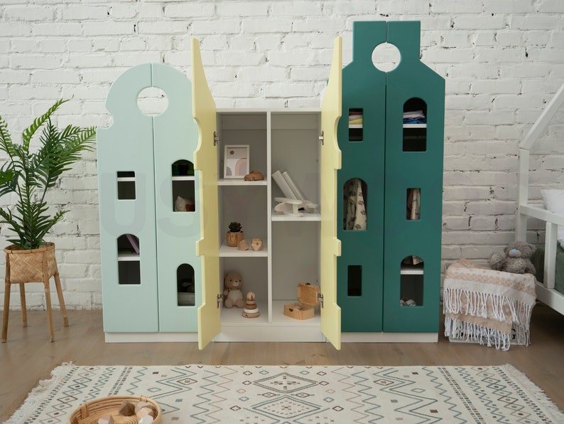 Busywood Montessori Toddler Wardrobe - Natural Pine Wood Nursery Closet, Bookcase & Dresser for Kids
