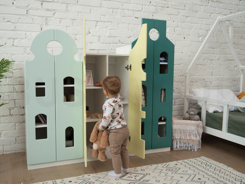 Busywood Montessori Toddler Wardrobe - Natural Pine Wood Nursery Closet, Bookcase & Dresser for Kids