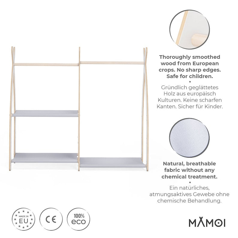 MAMOI® Premium Wooden Children's Clothes Rail - Dress-Up & Storage Wardrobe for Kids | 100% ECO-Friendly Pine Wood