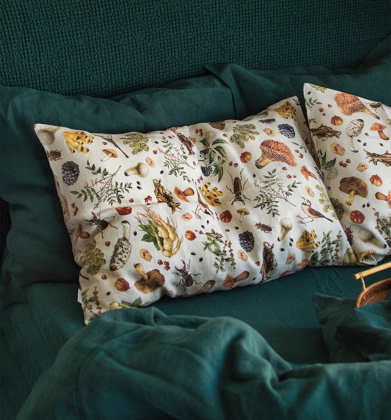 Mushroom Linen Pillowcase, Mushroom Pillow Cover, Linen Cushion Cover with Pattern. Standard, Queen, King, Body, Euro sham, Deco Pillowcase