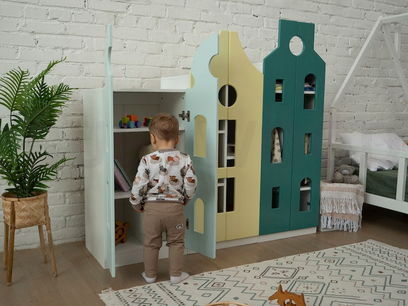 Busywood Montessori Toddler Wardrobe - Natural Pine Wood Nursery Closet, Bookcase & Dresser for Kids