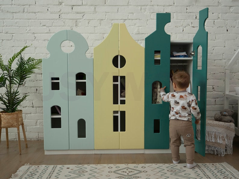 Busywood Montessori Toddler Wardrobe - Natural Pine Wood Nursery Closet, Bookcase & Dresser for Kids