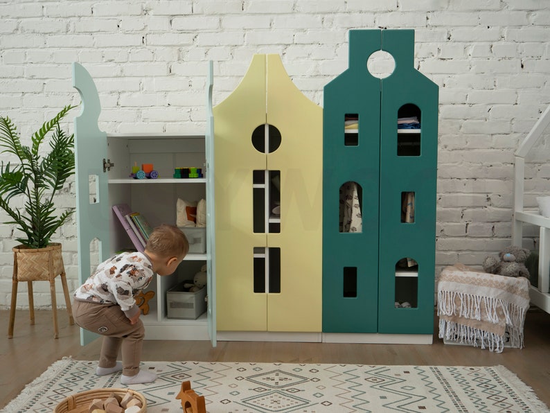 Busywood Montessori Toddler Wardrobe - Natural Pine Wood Nursery Closet, Bookcase & Dresser for Kids