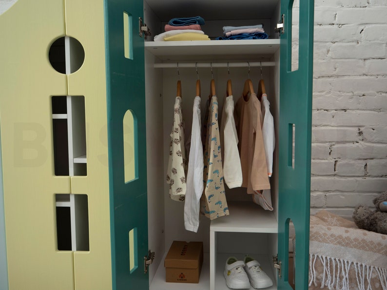 Busywood Montessori Toddler Wardrobe - Natural Pine Wood Nursery Closet, Bookcase & Dresser for Kids