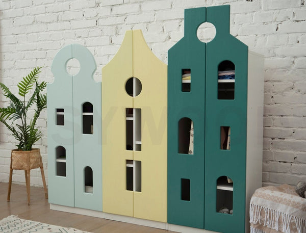 Busywood Montessori Toddler Wardrobe - Natural Pine Wood Nursery Closet, Bookcase & Dresser for Kids