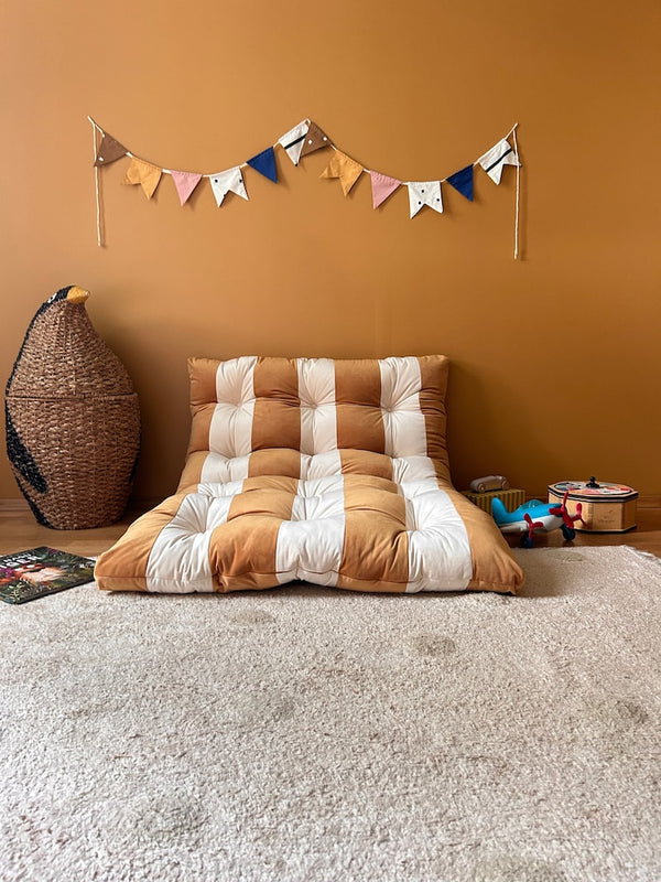 Luxurious Tufted Velvet Floor Pillow | Cozy Reading Nook Cushion | Versatile Floor Sofa | Chic Window Seat Cushion | Elegant French Cushion with Stripes