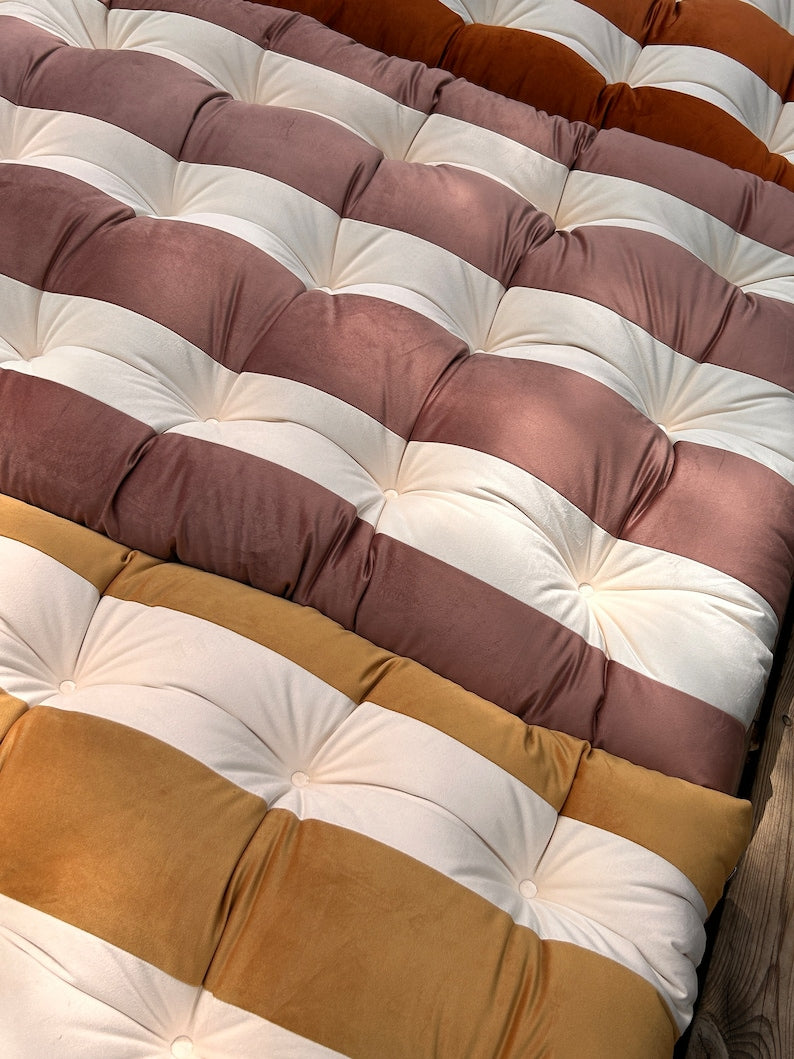 Luxurious Tufted Velvet Floor Pillow | Cozy Reading Nook Cushion | Versatile Floor Sofa | Chic Window Seat Cushion | Elegant French Cushion with Stripes