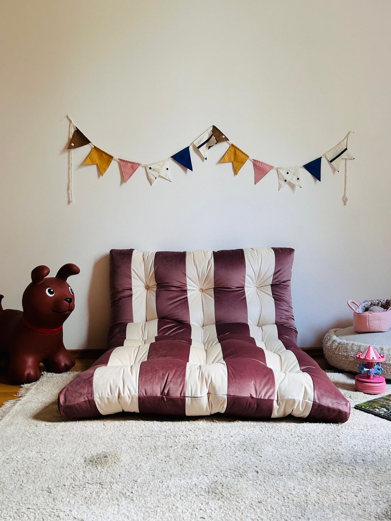 Luxurious Tufted Velvet Floor Pillow | Cozy Reading Nook Cushion | Versatile Floor Sofa | Chic Window Seat Cushion | Elegant French Cushion with Stripes