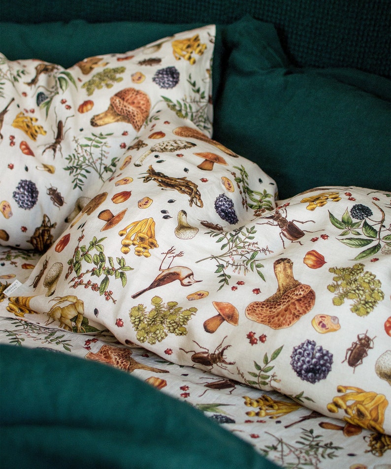 Mushroom Linen Pillowcase, Mushroom Pillow Cover, Linen Cushion Cover with Pattern. Standard, Queen, King, Body, Euro sham, Deco Pillowcase