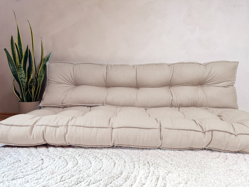 Luxury Navy Green Linen & Velvet French Floor Cushion - Customizable Sizes & Colors