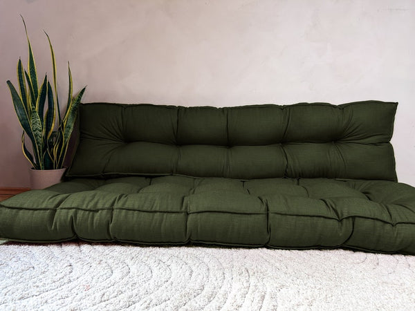 Luxury Navy Green Linen & Velvet French Floor Cushion - Customizable Sizes & Colors