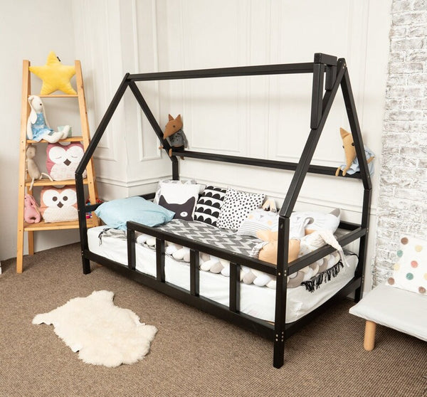 Montessori Wooden House Bed Frame - Toddler Floor Bed with Canopy Option, Twin Size, Natural Alder Wood with Eco-Friendly Finish, Nursery & Playroom Decor
