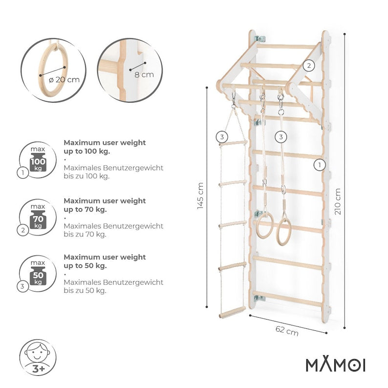MAMOI® Premium Wooden Swedish Ladder for Kids - Indoor Climbing Frame, Monkey Bars & Play Gym Set